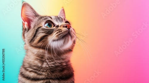 A wide-eyed kitten gazes hopefully upward amid a vibrant rainbow gradient backdrop, highlighting its playful and curious nature in a vivid spectrum of colors. photo