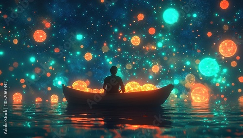 Man in boat under glowing surreal lights
