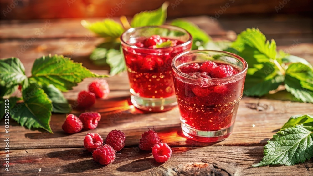 Two glasses filled with a ruby red raspberry drink, surrounded by fresh raspberries and leaves on a rustic wooden table Two glasses filled with a ruby red raspberry drink, surrounded by fresh raspberries and leaves on a rustic wooden table