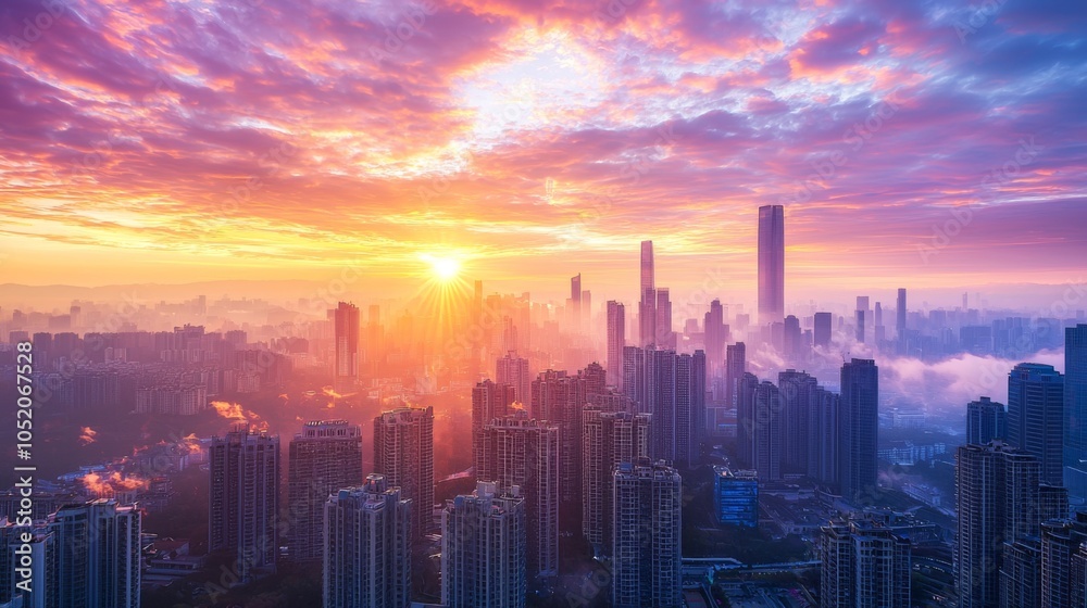 Fototapeta premium Sunrise Over a City Skyline A breathtaking view of a city skyline at dawn, with warm colors lighting up the buildings