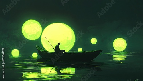 Man in boat under glowing surreal lights
