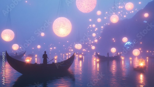 Man in boat under glowing surreal lights
