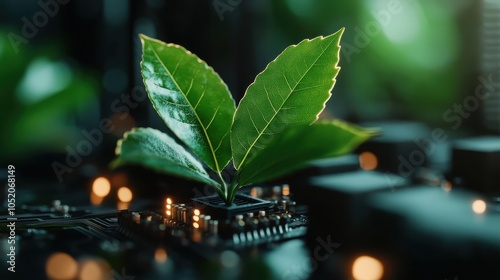 Vibrant green leaves sprout from a high-tech circuit board, representing the blend of nature and modern technology, underscoring themes of growth and sustainable innovation. photo