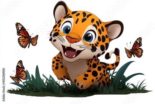 a 2D cartoon illustration of a playful leopard chasing butterflies jungle theme white background photo