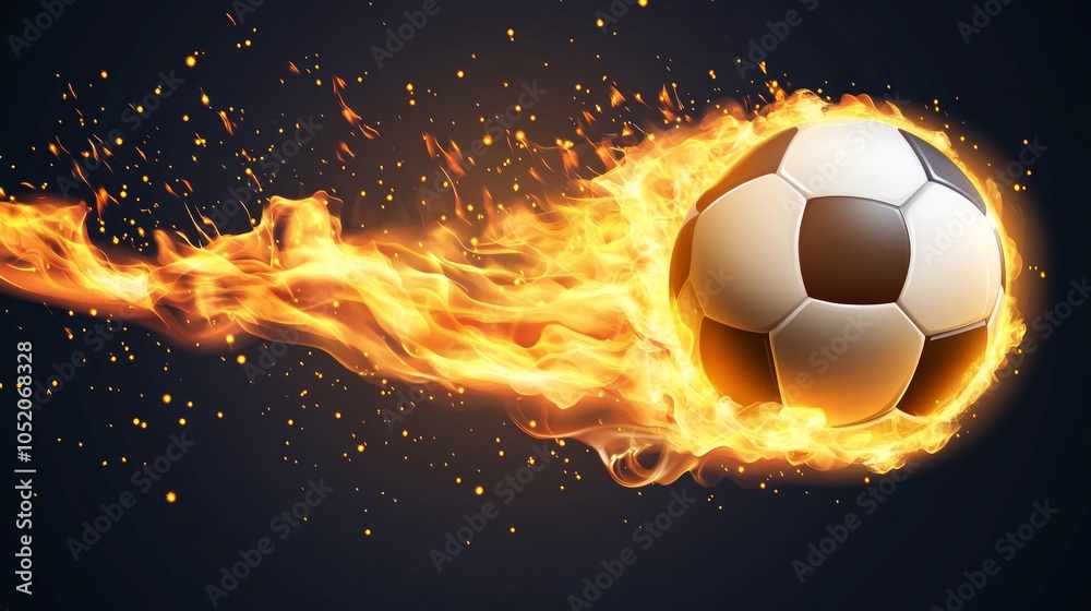 Naklejka premium A soccer ball on fire with a long trail of flames against a dark background.