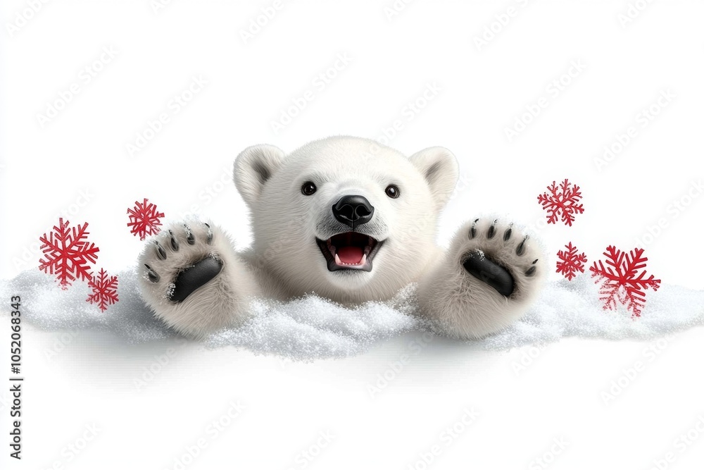 a 2D cartoon illustration of a polar bear cub playing in snowflakes winter theme white background a 2D cartoon illustration of a polar bear cub playing in snowflakes winter theme white background