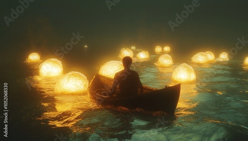Man in boat under glowing surreal lights
