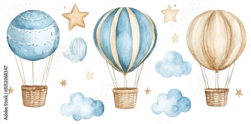 Invitation elements: hot air balloon basket, air balloons, clouds, moon, stars. Announcement, birthday party, newborn event. Watercolor clipart drawing and template. photo