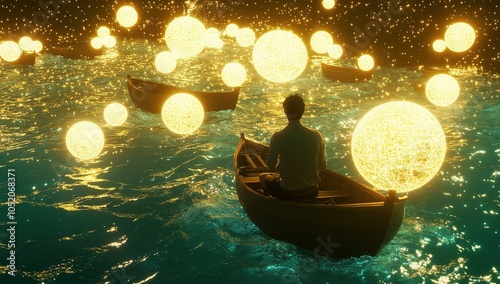 Man in boat under glowing surreal lights
