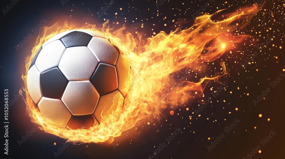 Naklejka premium A soccer ball on fire with flames and sparks trailing behind it.