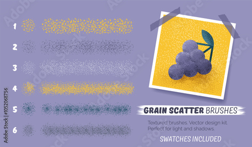 Grain scatter brushes set. Abstract grunge strokes. Collection with noise effect, grunge textures, paint splash, halftone. Vector design kit. Swatches included. Editable size and color.