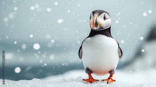 A colorful puffin stands on snow while snowflakes gently fall around it, set against a blurred icy backdrop. photo