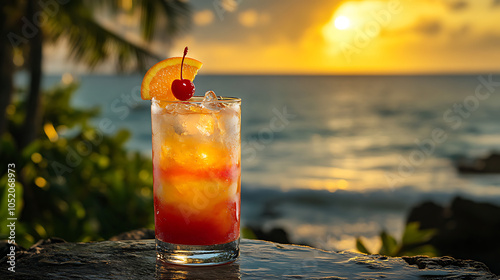 Long glass of layered cocktail with vibrant colors, garnished with a slice of orange and a cherry, against a tropical beach background