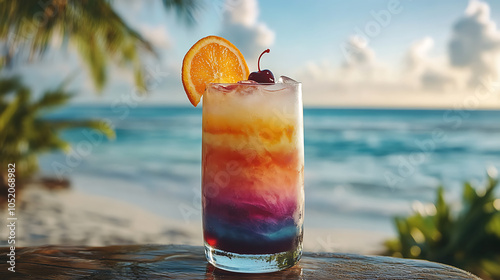 Long glass of layered cocktail with vibrant colors, garnished with a slice of orange and a cherry, against a tropical beach background