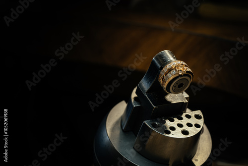 The work of jewelers. Trial jewelry of semiprecious metals. Ring. Selective focus. Macro photo.