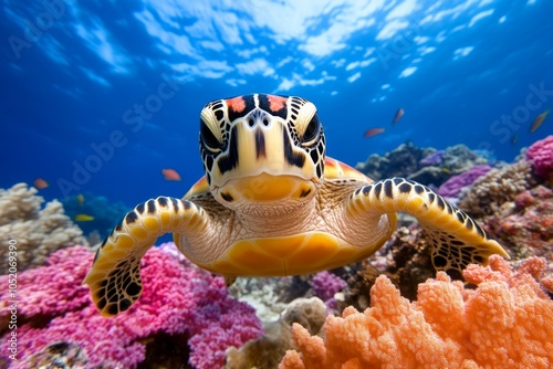 Fototapeta Naklejka Na Ścianę i Meble -  a 2D cartoon illustration of a sea turtle swimming in coral reef colorful and vibrant white background