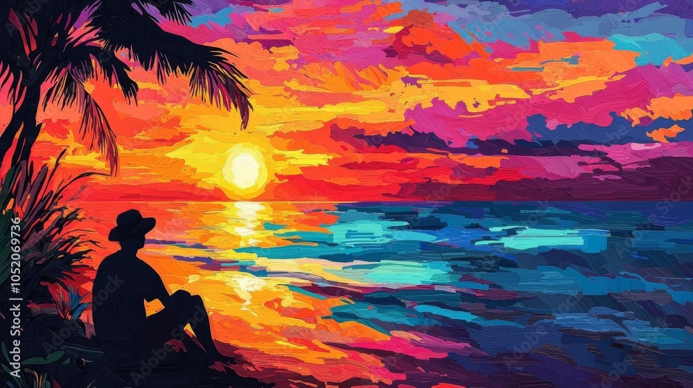 Obraz premium Traveler Enjoying Sunset at the Beach Silhouette of a person watching a vibrant sunset over the ocean