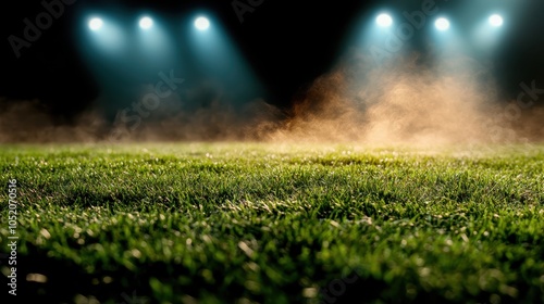 A stadium's night view with crisp green fields and hovering fog lit by powerful lights, offering an energetic atmosphere and hinting at upcoming excitement. photo