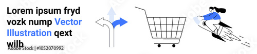 Person riding rocket towards a shopping cart, road signs indicating direction. Ideal for e-commerce, online shopping, fast delivery, direction guidance, innovation. Banner for landing page