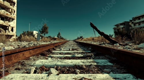 Rust-loaded railway tracks cut through an abandoned area flanked by derelict buildings and overgrown vegetation, symbolizing neglect and forgotten past. photo