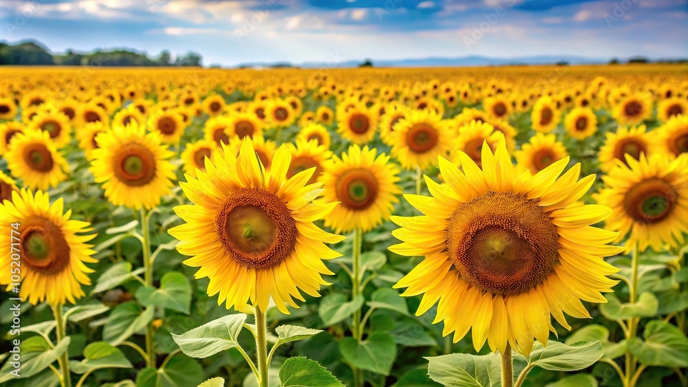 Obraz premium A bright yellow sunflower field stretching as far as the eye can see, warm light, countryside, yellow fields, sunny day, sunflowers
