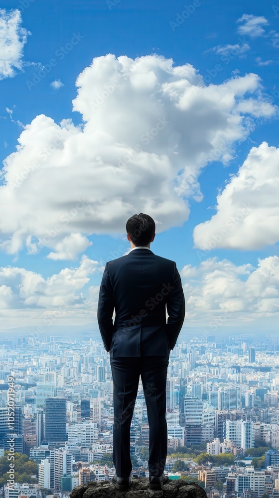 A Business Professional Gazing Over a Bustling Cityscape Under a Beautiful Sky A Business Professional Gazing Over a Bustling Cityscape Under a Beautiful Sky