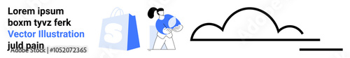 Woman holding a globe next to a shopping bag and cloud outline Ideal for online shopping, cloud technology, global business, digital commerce, and modern technology. Landing page