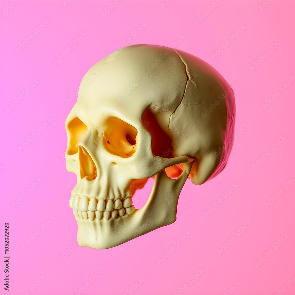 Human skull isolated on pink background. 3d render. Halloween concept Human skull isolated on pink background. 3d render. Halloween concept