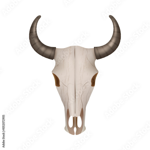 Skull of buffalo or cow, isolated head of dead animal with long horns. Vector realistic herbivore animalistic jaw vintage decoration or wild west landscape decor. Game design or assets design