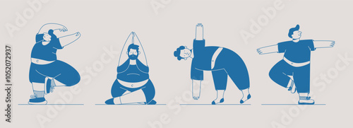 Plump man doing yoga. Cartoon overweight male character practicing yoga and meditation, body positive concept. Vector plus size person isolated set