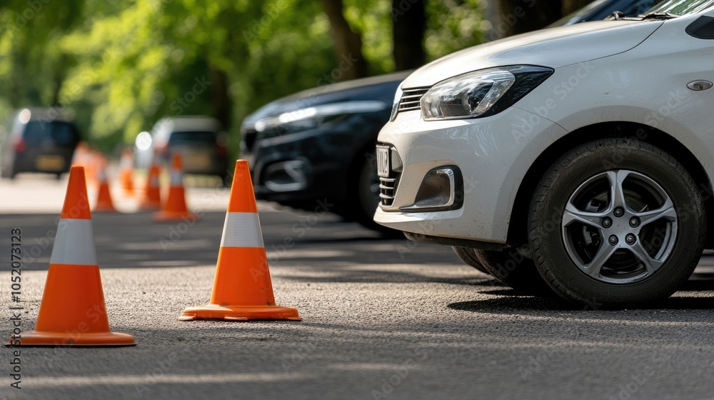 A row of parked vehicles on a wet street, flanked by orange traffic cones and barricades to direct traffic and enhance safety A row of parked vehicles on a wet street, flanked by orange traffic cones and barricades to direct traffic and enhance safety