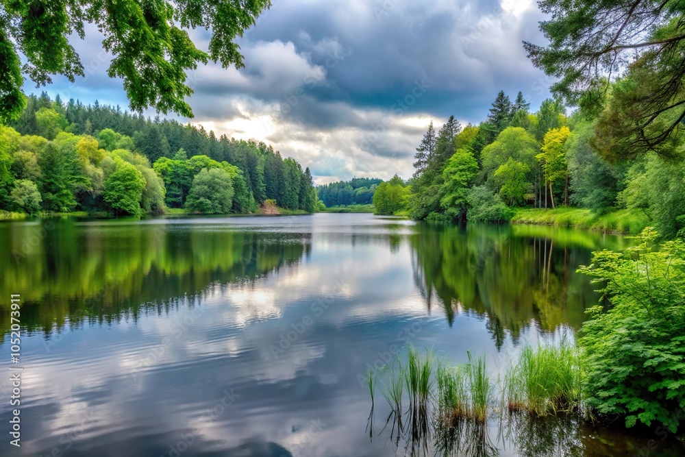 A calm grey landscape with a serene lake in the background, surrounded by lush greenery and towering trees, trees, outdoor A calm grey landscape with a serene lake in the background, surrounded by lush greenery and towering trees, trees, outdoor