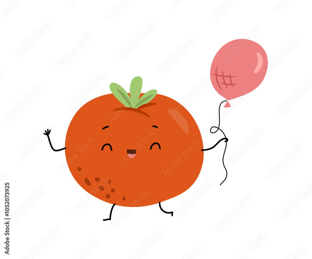 Obraz premium Cute happy tomato holding inflatable balloon. Vector cartoon positive character. Healthy eating diet. Isolated funny vegetable waving hand, greeting gesture. Sticker or with joyful face