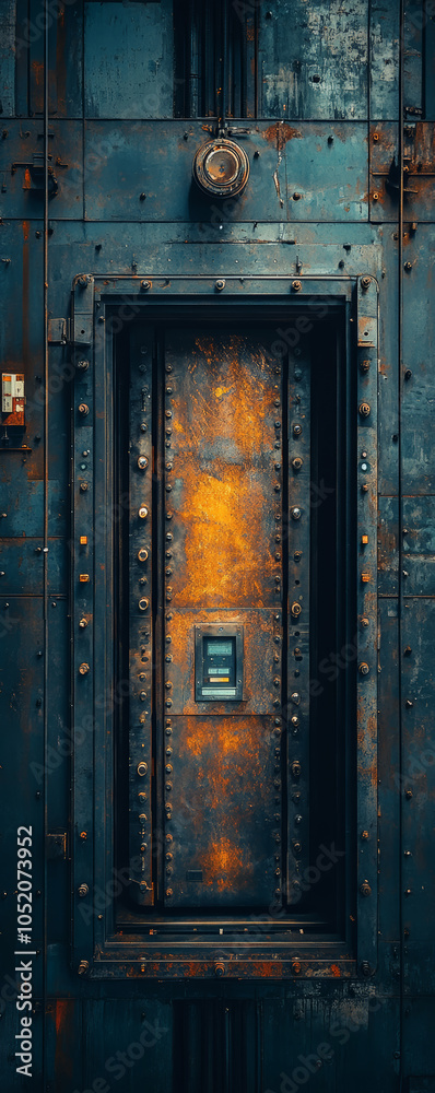 A rusty metal door with a small window, set in a weathered industrial building. A rusty metal door with a small window, set in a weathered industrial building.