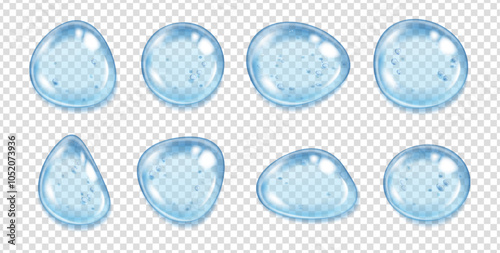 Clear serum drops with air bubbles. Vector isolated set of realistic water droplets, cosmetics or beauty products advertisement. Pure lotion or essence, aqua shape, clean collagen balls