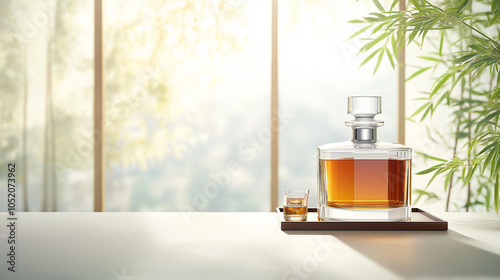 A bottle of rye whiskey in an elegant glass decanter with silver accents, placed on top of the table. The background is a traditional Japanese room adorned with bamboo plants and soft sunlight filteri photo