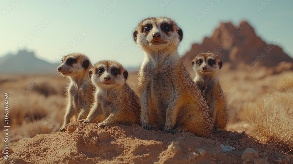 Fototapeta premium A group of meerkats looking attentively from a burrow in the desert