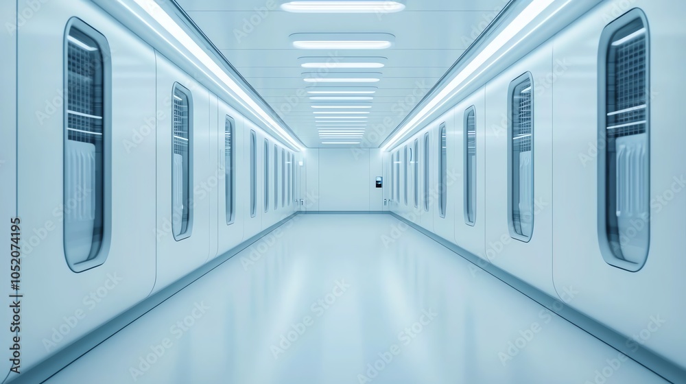 A minimalistic hallway with glowing lights, featuring clean, white walls and a polished floor, creating a futuristic and sterile atmosphere. A minimalistic hallway with glowing lights, featuring clean, white walls and a polished floor, creating a futuristic and sterile atmosphere.