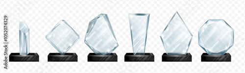 Trophy for winners, shiny transparent reward for first place, recognition at work, business or challenge. Vector isolated set of realistic crystal plexiglass awards with pedestal and copy space.