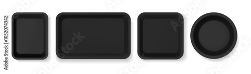 Packaging for food or snacks. Vector isolated set of realistic plastic trays wrappers for products in shops and supermarkets. Top view of boxes for storage made of light styrofoam material