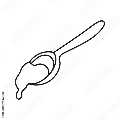 Wooden spoon with dripping honey and liquid sauce, food. Hand drawn doodle illustration.