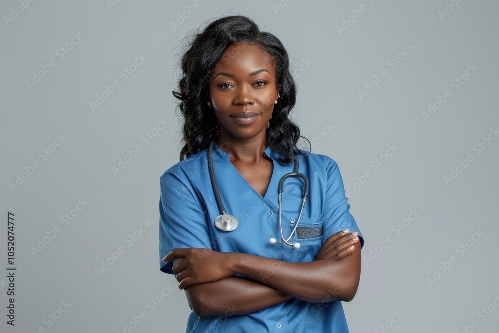 Smiling African American female doctor in blue coat poses. Smiling African American female doctor in blue coat poses.