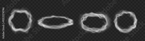 Smoke rings or foggy borders in form of ellipse and circle. Vector abstract realistic vape round symbol. Stem frames after cigarette, pipe or hookah tuxedo. Puffing, fog flowing. Mist traces