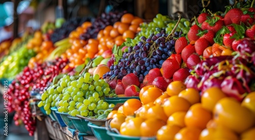 Vibrant seasonal fruits arranged on a market stall, offering a healthy and colorful selection for customers