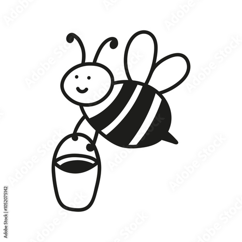 Hand drawn funny bee character with honey bucket. Nature insects doodle illustration