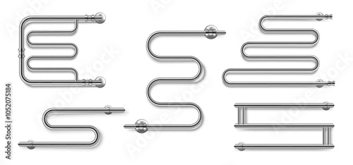 Towel dryers or hangers for fabric and laundry clothes. Vector isolated realistic decorative metallic heater for bathroom and small apartments. Heating pipes for drying clothing and textile
