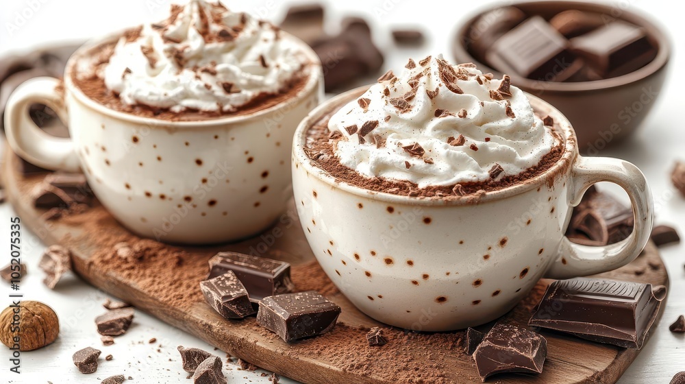 delicious cup of hot chocolate topped with whipped cream, isolated on a clean white background, capturing warmth and comfort in a visually appealing and inviting manner delicious cup of hot chocolate topped with whipped cream, isolated on a clean white background, capturing warmth and comfort in a visually appealing and inviting manner