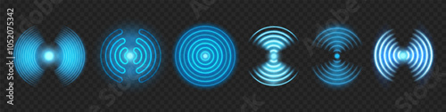 Wifi sensor signals, radio frequency or motion monitor. Vector isolated set of concentric circles. Blue symbols of detection, vibration and electric impact glowing. Sound spread, pulse effect