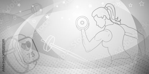 Brown fitness themed background. Illustration featuring a female figure engaged in weightlifting, with various fitness-related items such as dumbbells, a barbell, and a heart rate monitor.