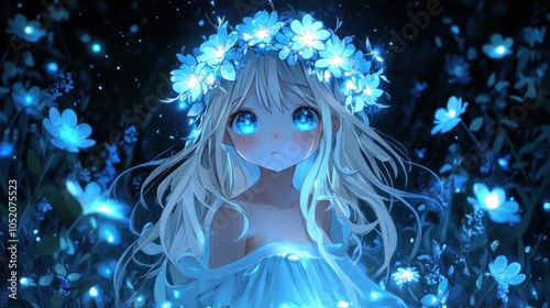 Anime Girl With Blue Flowers photo